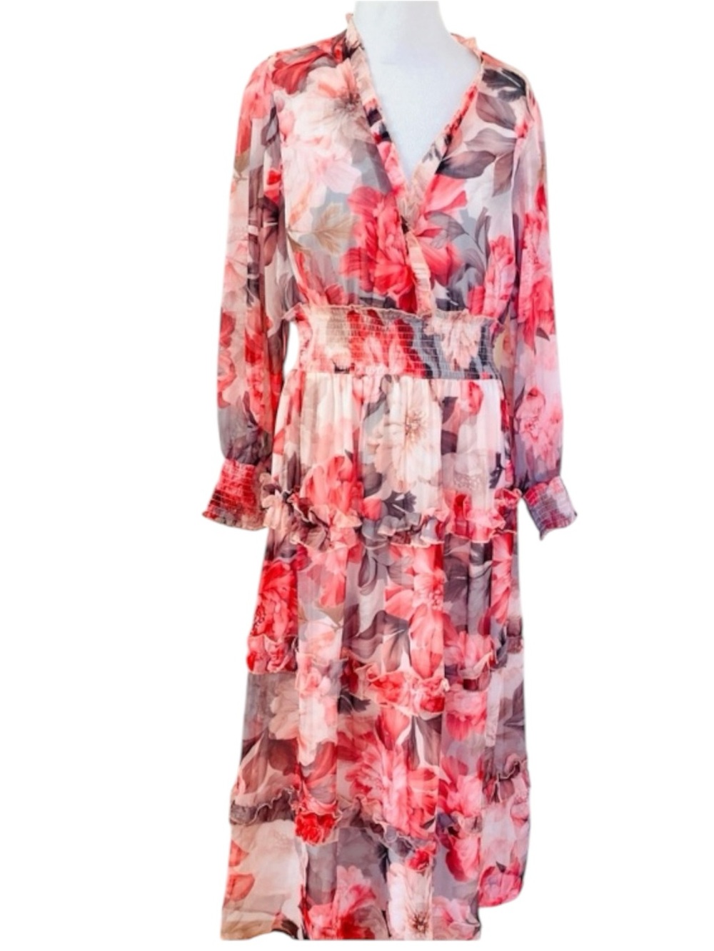 Wishing Waves Boho Maxi Dress Floral Long Sleeve Flowy Chiffon Cottagecore Large